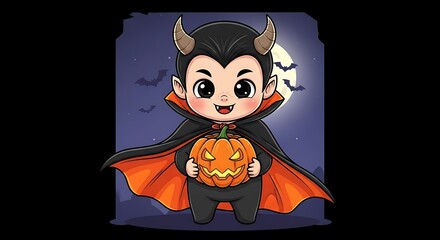 Vampire child holding a carved pumpkin with bat wings and horns moon background