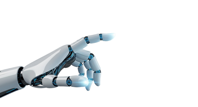 Robotic hand pointing with index finger isolated on transparent background