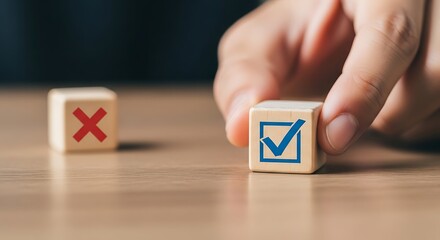 Checkmark wood cube selection choice yes or no decision making concept