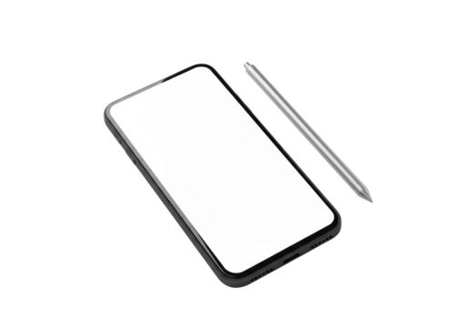 A sleek, modern black smartphone with blank white screen, horizontal at 45-degree angle, beside a slender silver stylus on a transparent background with soft studio light. High-tech product display