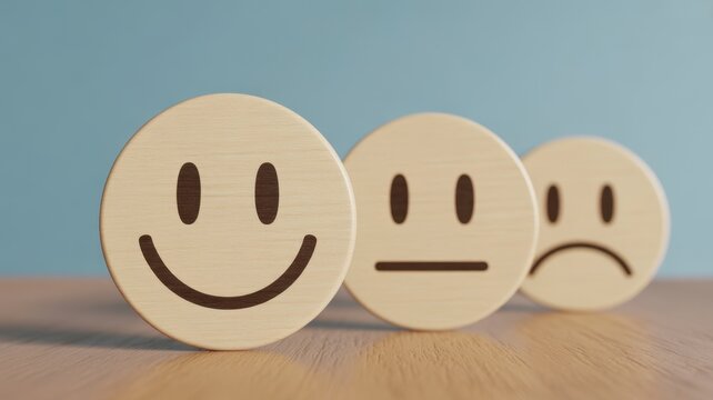 Mood Indicator Wooden Emoticons: A close-up shot features three wooden circles, each meticulously etched with a different emotional expression, reflecting the spectrum of human sentiment.