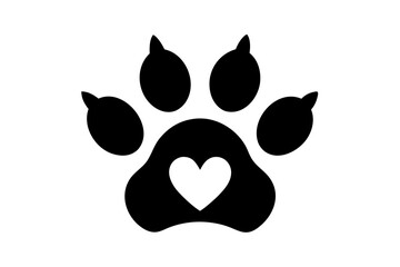 Heart and pet paw black icon, Paw print with heart silhouette art