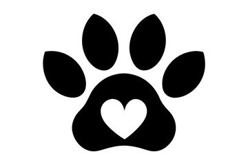 Heart and pet paw black icon, Paw print with heart silhouette art