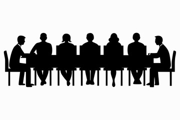 A group of people sitting around a long table, silhouette vector, Sitting table flat  black symbol