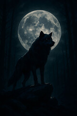 Lone Wolf Under Full Moon in Forest Night