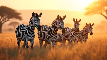 Zebras Walking Across Savannah During Sunset