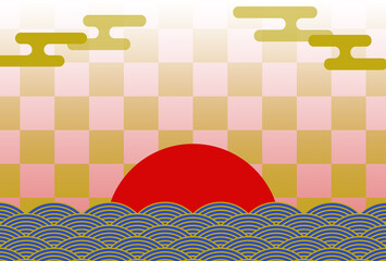 年賀状の背景素材　和風グラフィック　初日の出（1）　ピンクと青　ヨコ