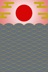 年賀状の背景素材　和風グラフィック　初日の出（2）　ピンクと青　タテ