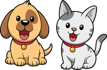 Cute cartoon dog and cat sitting together with happy faces, adorable pet friendship vector illustration for children and animal lovers design