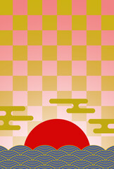 年賀状の背景素材　和風グラフィック　初日の出（1）　ピンクと青　タテ