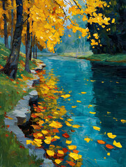 Custom blinds with your photo Golden Autumn Leaves on Blue River. Vibrant Fall Landscape Oil Painting with Trees and Water Reflection, Impressionist Nature Artwork for Wall Art and Home Decor