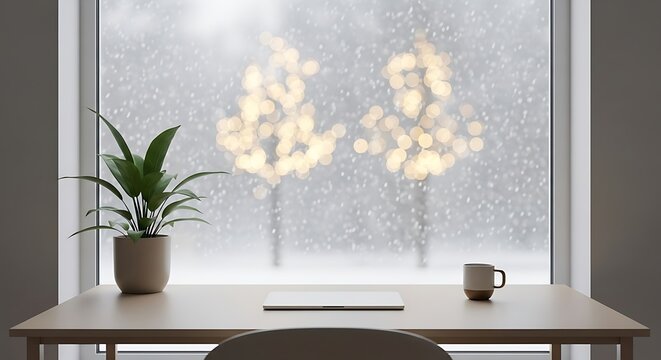 Workplace with laptop and coffee mug on table against window with snow fall