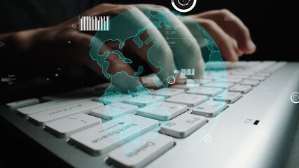 This image captures hands typing on a keyboard while featuring a global digital interface overlay, emphasizing technology, communication, and data visualization in a modern workspace. Xenic - Powered by Adobe