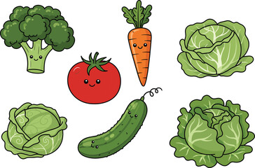 Cute vegetables cartoon vector illustration, broccoli tomato carrot cucumber cabbage lettuce healthy food character design for kids education
