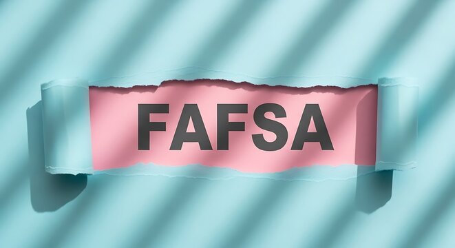 The word fafsa revealed through a torn pink paper background