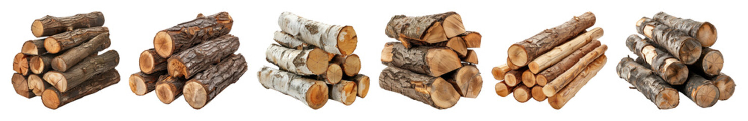 Fototapeta premium PNG Stacked firewood logs variety, element set on transparent background