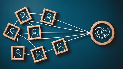 Customer connection and loyalty concept showing a community or social network of users linking to a central hub with a heart icon.