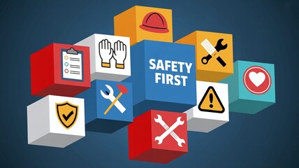 Workplace safety first concept showing health and protection icons, including PPE, warning sign, checklist, and tools on colorful 3D blocks.