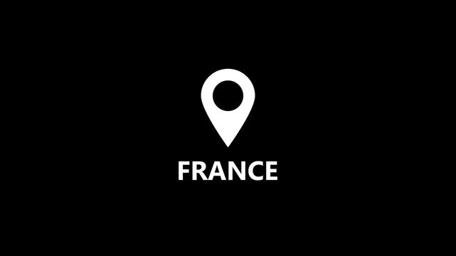 France location pin icon with skyline silhouette and text with black background. Location symbol set with colored map pin icons for web design and GPS navigation direction