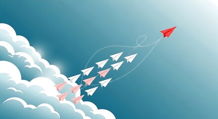 Red paper airplane leads a flock of white planes through the sky