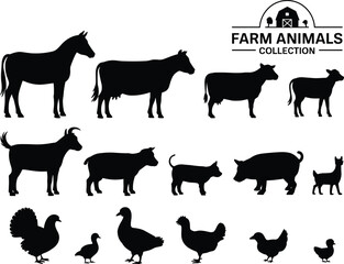 Farm animals silhouette collection vector illustration featuring horse, cow, goat, pig, sheep, chicken, duck, turkey, livestock farming animal design