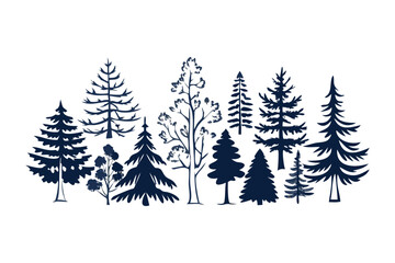 Obraz premium Forest Silhouette: An elegant artistic illustration, a collection of intricately drawn silhouettes of various trees, showcasing the diversity of the forest's flora.