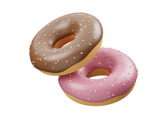 Two donuts with chocolate and strawberry icing isolated on transparent background