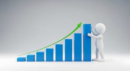 3d character pushing a bar graph upwards representing growth and success