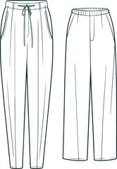 Front view flat sketch of women’s pants and joggers, technical fashion drawing template, vector clothing design illustration for apparel industry