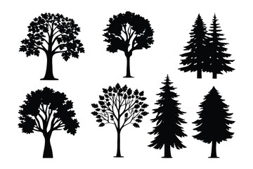 Fototapeta premium Tree Silhouettes: A collection of various trees and their outlines, showcasing a diverse range of botanical silhouettes suitable for artistic endeavors.