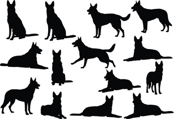 German shepherd dog silhouette collection in different poses, sitting, standing, running, lying down, pet animal vector illustration for design, training, security
