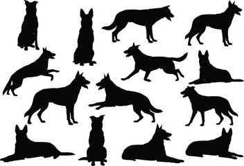 German shepherd dog silhouette vector collection showing various poses, sitting, running, standing and lying positions, perfect for pet design and decoration