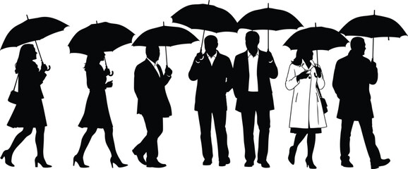 Group of people walking with umbrellas in rainy weather, business and casual silhouettes, teamwork, protection, and unity concept vector illustration design