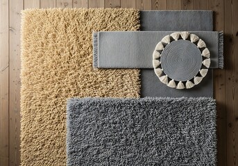 Various textured rugs and mats arranged on a wooden floor