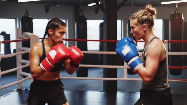 Female boxers in a ring training boxing sparring match with gloves competition sport