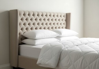 Tufted upholstered wingback bed with white pillows and duvet