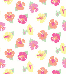Tropical Hawaiian vintage pink  hibiscus floral green leaves seamless pattern white background. Exotic jungle wallpaper, textile print.