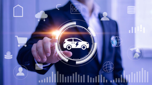 Electric car technology interface with a businessman's touch, modern transportation solutions, eco-friendly innovation, sustainable energy future
