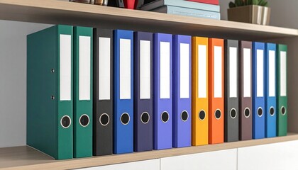 Colorful ring binders neatly arranged on wooden shelf—evoking organization, office order, and visual structure.
