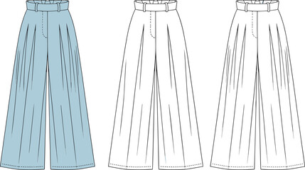 High waist wide leg pants fashion flat sketch, pleated trouser technical drawing, women garment design vector illustration with belt detail