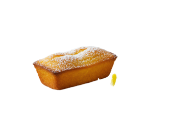 Golden-baked financier with delicate powdered sugar on a minimalist white plate, accented with curled yellow lemon zest, isolated on transparent background, culinary perfection