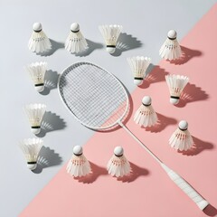Minimalist flat lay of badminton racket and shuttlecocks on pastel backdrop