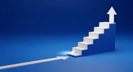 White staircase with arrow indicating upward progress on blue background
