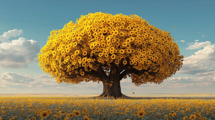 Sunflower fantasy tree in golden field under blue sky, photorealistic landscape, AI generated