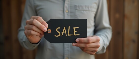 A men holds up a stylish black tag with SALE written in sparkling gold glitter