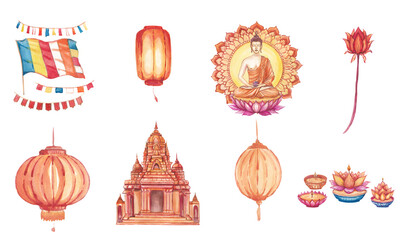 Buddha, buddhist temple with colorful flags, lantern, moon and cultural symbols. Watercolor illustration, set. Hand-painted design inspired by Asian traditions, meditation and spiritual festivals