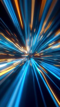Abstract blue and orange neon light streaks moving fast through on a dark tunnel. Concept of speed, motion or futuristic technology. 4k seamless loop video