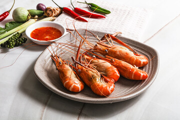 Boiled tiger prawn with sauce
