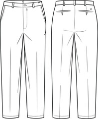 Men’s formal trousers front and back flat sketch, CAD fashion technical drawing, detailed pants design vector illustration for apparel template