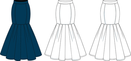 Mermaid skirt fashion flat sketch front and back view, elegant long flared hem design, women clothing CAD vector illustration